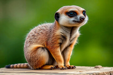 Fototapeta premium A meerkat cub, sitting on a surface with an out-of-focus green background. The animal has brown fur with lighter patches, and the detailed texture of the fur is clearly visible.