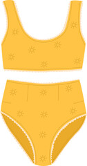 Yellow swimsuit with sun print. Summer women's clothing for vacation, swimming. Fashionable swimwear. Stylish design and minimal details. Bikini sketch