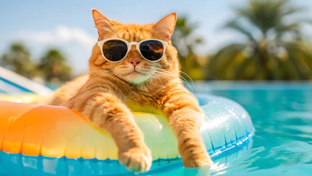 Cute orange cat wearing sunglasses. The cat is relaxing in a pool ring, floating in a swimming cool with mild blue water, in a hot summer day