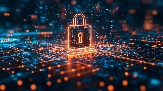 Abstract glowing padlock hovering on a digital circuit board illustration