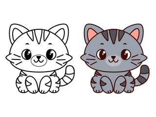 Smiling gray cartoon kitten in line art and color version, adorable cute cat character for kids coloring books, printable educational pages, emotional sticker design and nursery wall art decor. Vector