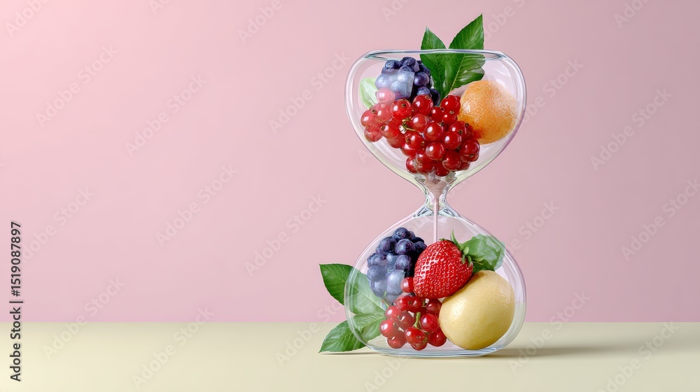 Poster glass container with a variety of fruits and vegetables inside. the container is shaped like a clock