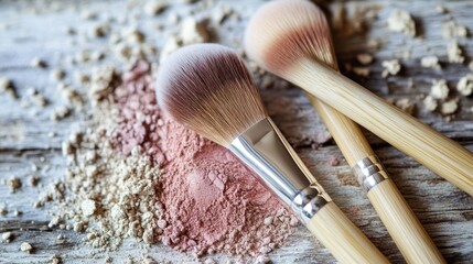 Makeup Brushes and Powder on Wooden Surface