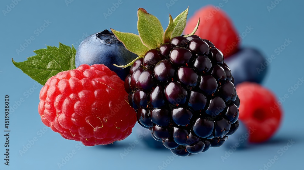 Poster close up of a bunch of berries, including blackberries and raspberries. the berries are arranged in 