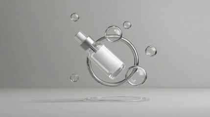 Minimalist cosmetic dropper bottle surrounded by water droplets, representing skincare hydration and clean beauty product advertising.