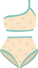 Beige one-piece swimsuit with floral print on one shoulder.Summer women's clothing for vacation, for swimming.Fashionable swimwear.Stylish design and minimal details.Sketch of bikini