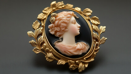 Golden Brooch with Oval Pastel Pink and Black Porcelain Lady Profile – Elegant Vintage Jewelry