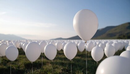 Numerous White Balloons Floating Over Lush Green Meadow Under A Clear Blue Sky Daytime Celebration