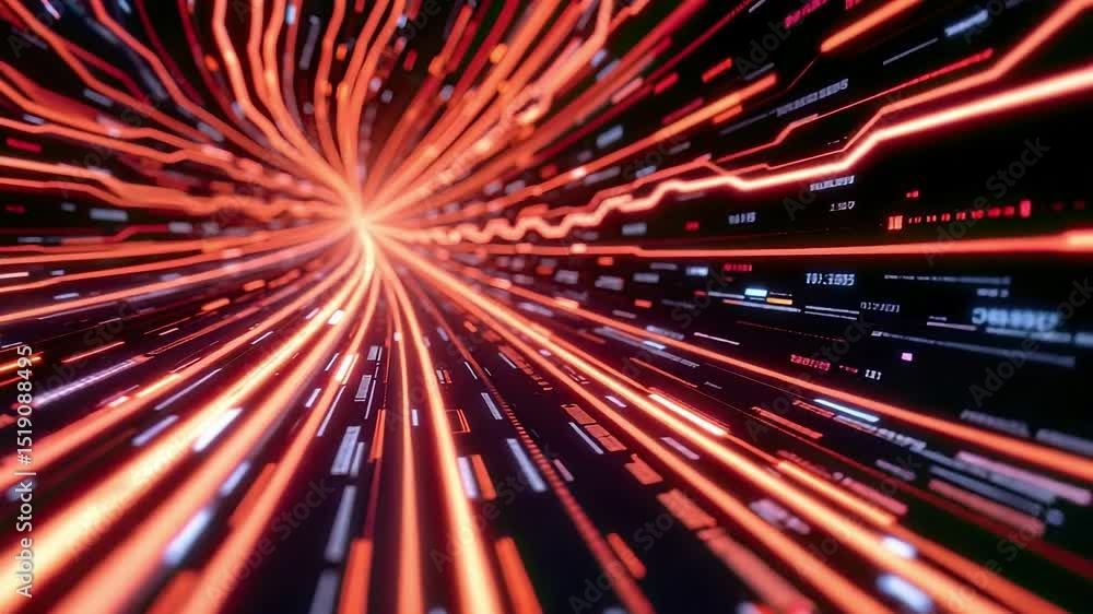 Poster abstract digital tunnel with glowing lights and data streams, representing speed, technology, and mo