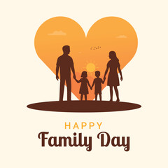 Happy Family Day Sunset Silhouette Illustration with Heart Background