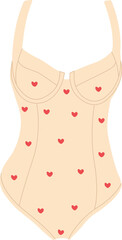 One-piece beige swimsuit with heart print. Bodysuit. Summer women's clothing for vacation, for swimming. Fashionable swimwear. Stylish design and minimal details. Sketch of bikini