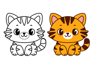 Happy orange cartoon kitten in line art and full color, cute smiling cat character for kids coloring book, emotional printable pages, nursery design, stickers and educational materials. Vector