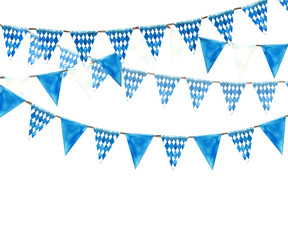 Garland with blue, rhombus and white flags hanging on rope rectangular banner. Watercolor Triangular pennant on Oktoberfest Bavarian Germany beer festival. Hand drawn template isolated illustration