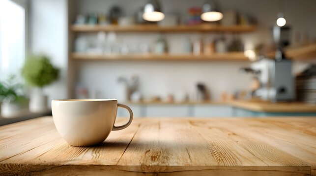 Minimalist wooden desk with coffee cup, a serene workspace for focused productivity