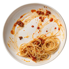 A top down view of a white plate with leftover spaghetti and tomato sauce on a black background space
