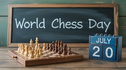 World chess day celebration with chessboard chalkboard and july 20th calendar