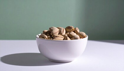 Pistachios In A White Bowl On A Mint And White Gradient Background Featuring Close Up View