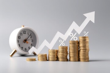 Stacked coins, clock, and calculator with upward arrow symbolizing financial growth, compound interest, and long-term investment strategy.