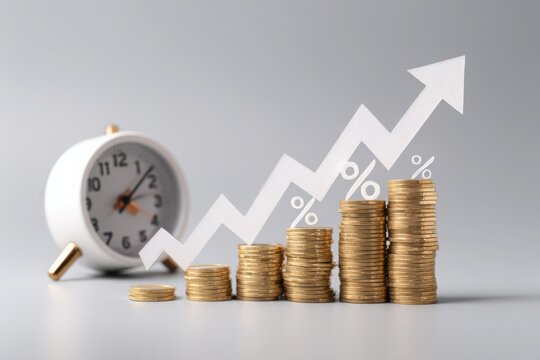 Stacked coins, clock, and calculator with upward arrow symbolizing financial growth, compound interest, and long-term investment strategy. - Powered by Adobe