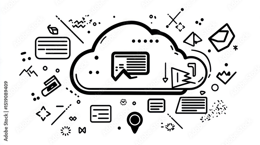 Poster cloud computing concept, with various digital documents and communication icons