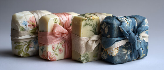 A close up of four wrapped soaps with floral patterns and ribbons on a white surface in soft lighting