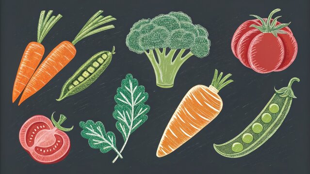 Colorful Hand-Drawn Vegetables on Chalkboard Background in Vintage Style