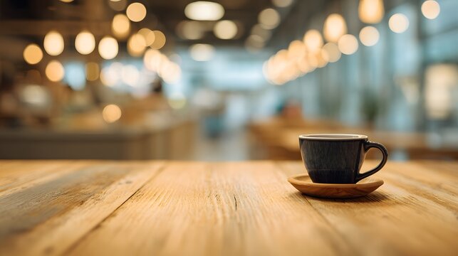 Minimalist wooden desk with coffee cup, a serene workspace for focused productivity
