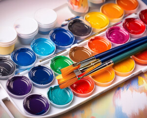 Artist's set of colorful watercolor, gouache, and liquid paints with brushes and a palette for school art education and drawing