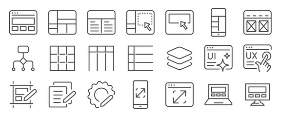 Template icon set. It included mockup, wireframe, grid system, layout, web, responsive design and more icons. Editable Vector Stroke.
