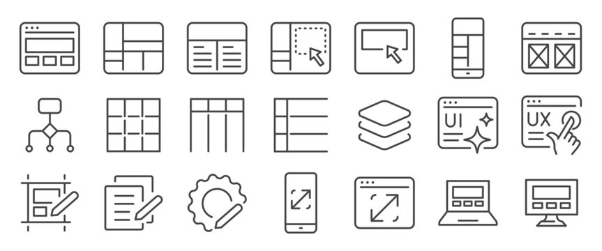 Template icon set. It included mockup, wireframe, grid system, layout, web, responsive design and more icons. Editable Vector Stroke.
