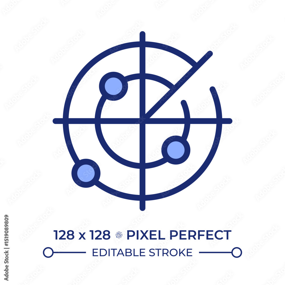 Poster marine radar pixel perfect line color icon. equipment detecting ships and land hazards. collision av