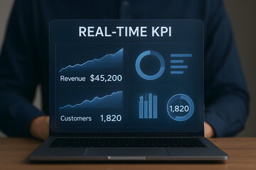 Laptop displaying real time Key Performance Indicator financial report