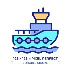 Tugboat pixel perfect line color icon. Marine vessel designed to maneuver ships. Maritime transport. Harbor tug. Isolated vector illustration. Flat colorful symbol design. Editable stroke