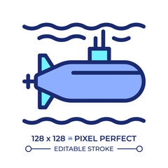 Submarine pixel perfect line color icon. Watercraft capable of independent operation underwater. Maritime transport. Isolated vector illustration. Flat colorful symbol design. Editable stroke