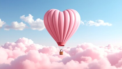 Obraz premium A pink heart-shaped hot air balloon floats above fluffy pink clouds under a blue sky.