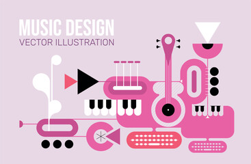 Abstract design of guitars, trumpets, piano, computers and sound processing electronic equipment. Concert or music festival poster template, sound recording and musical instruments vector illustration