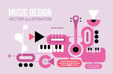 Abstract design of guitars, trumpets, piano, computers and sound processing electronic equipment. Concert or music festival poster template, sound recording and musical instruments vector illustration