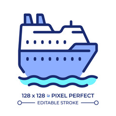 Obraz premium Cruise ship pixel perfect line color icon. Ocean liner sailing. Sea travel by comfortable vessel. Maritime transport. Isolated vector illustration. Flat colorful symbol design. Editable stroke