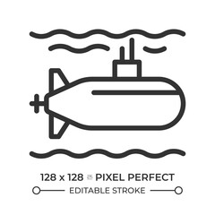 Submarine pixel perfect line icon. Watercraft capable of independent operation underwater. Maritime transport. Isolated vector illustration. Outline symbol. Simple linear drawing. Editable stroke