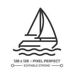 Sailing ship pixel perfect line icon. Yacht on sea journey. Travelling by water with sailboat. Maritime. Isolated vector illustration. Outline symbol. Simple linear drawing. Editable stroke
