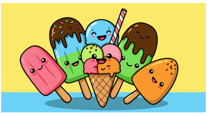 Kawaii Ice Cream Pops and Cone: Cute Summer Treats Illustration