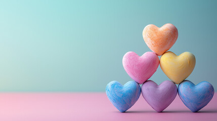 Obraz premium Minimalist composition with chalk hearts on pastel background with space for text. International Friendship Day.