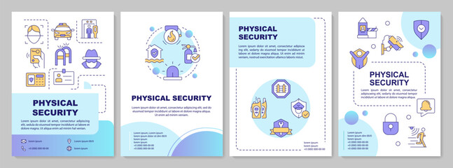 Physical security blue circle brochure layout. Deny unauthorized access to facilities. Leaflet advertising design with color line icons. Editable 4 pages. Arial-Bold, Myriad Pro-Regular fonts used
