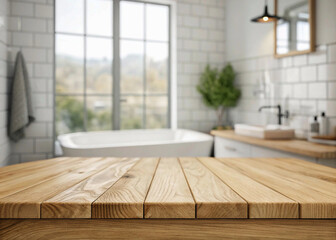 Wooden table top for product presentation on blurred bathroom window interior background