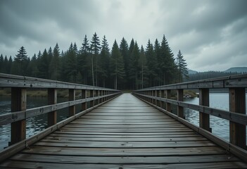 Wooden bridge extending into a dense pine forest under overcast sky in a serene natural setting