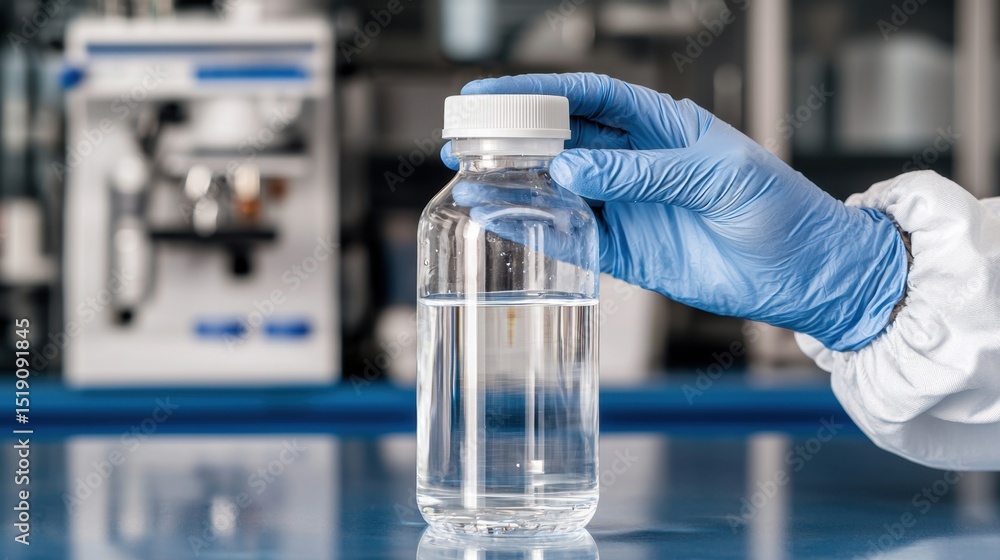 Poster scientist in protective gloves examining liquid sample in laboratory environment with precision and 