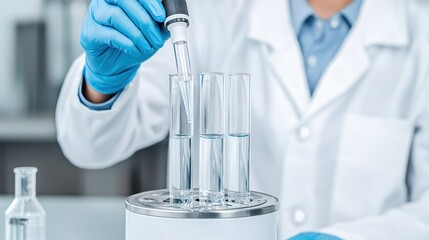 Laboratory Technician Filling Test Tubes with Water Using Pipette for Scientific Analysis in Modern Lab Environment