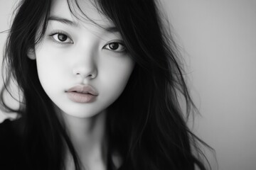 Fototapeta premium Fresh-faced beauty, young Asian woman, gentle touch on face, minimal background