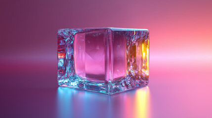 Holographic 3D cube floating in space with light refraction, symbolizing futuristic digital innovation