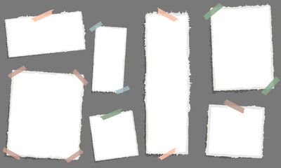 Paper tear, Ripped paper glued on adhesive tape. Paper note pieces. Templates for poster design, banner, mockup, flyer, mood board, brochure, photo album. Vector Illustrations